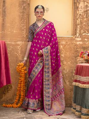 Elora soft silk butta & pashmina printed saree (rani pink) 1