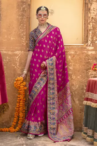 Elora soft silk butta & pashmina printed saree (rani pink)