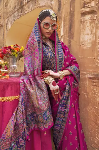 Elora soft silk butta & pashmina printed saree (rani pink)
