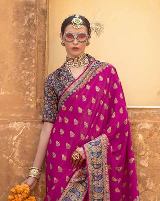Elora soft silk butta & pashmina printed saree (rani pink) 3