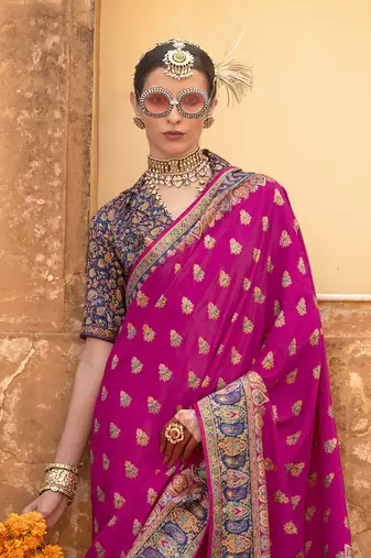 Elora soft silk butta & pashmina printed saree (rani pink)