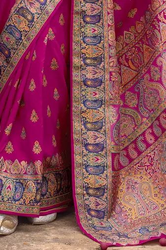 Elora soft silk butta & pashmina printed saree (rani pink)