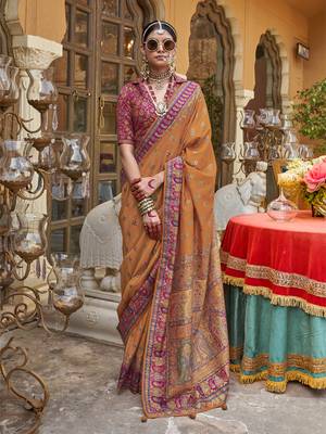 Elora soft silk butta & pashmina printed saree (orange) 1