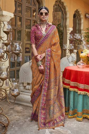 Elora soft silk butta & pashmina printed saree (orange)