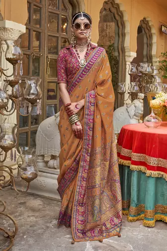 Elora soft silk butta & pashmina printed saree (orange)