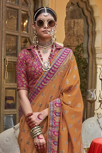 Elora soft silk butta & pashmina printed saree (orange)
