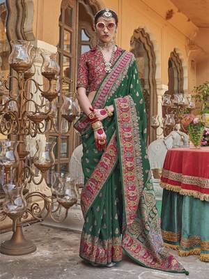 Elora soft silk butta & pashmina printed saree (dark green) 1