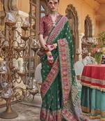 Elora soft silk butta & pashmina printed saree (dark green)