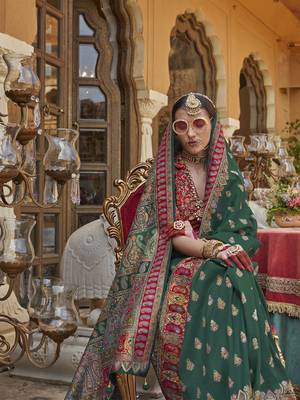 Elora soft silk butta & pashmina printed saree (dark green) 2