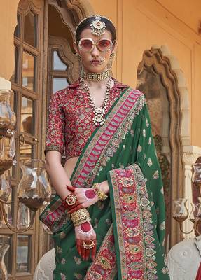 Elora soft silk butta & pashmina printed saree (dark green) 3