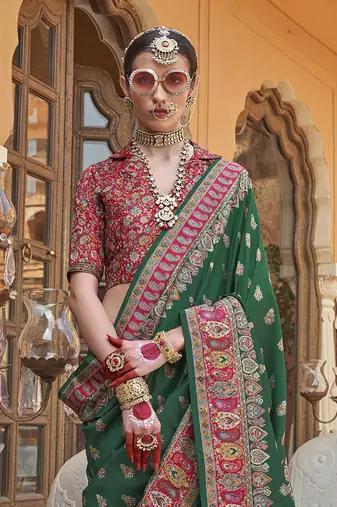 Elora soft silk butta & pashmina printed saree (dark green)