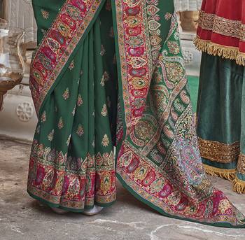 Elora soft silk butta & pashmina printed saree (dark green) 4