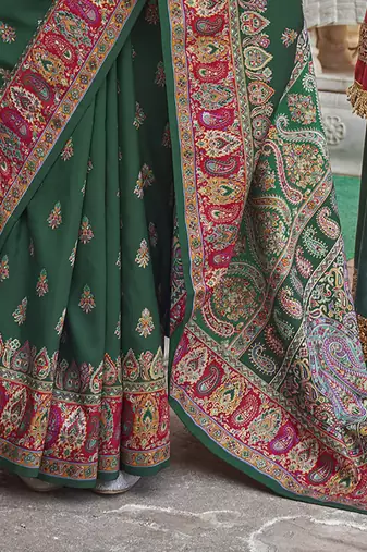 Elora soft silk butta & pashmina printed saree (dark green)