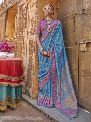 Elora soft silk butta & pashmina printed saree (royal blue) 1