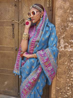 Elora soft silk butta & pashmina printed saree (royal blue) 2