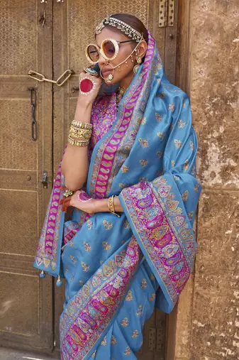 Elora soft silk butta & pashmina printed saree (royal blue)