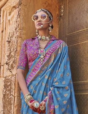 Elora soft silk butta & pashmina printed saree (royal blue) 3