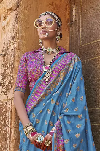 Elora soft silk butta & pashmina printed saree (royal blue)