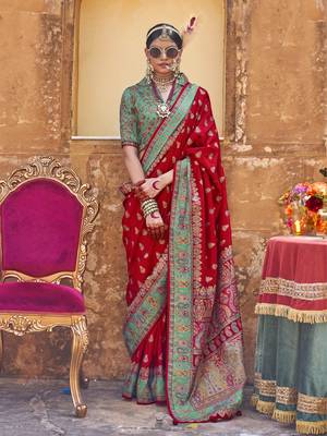 Elora soft silk butta & pashmina printed saree (red) 1