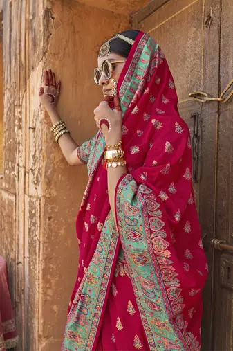 Elora soft silk butta & pashmina printed saree (red)