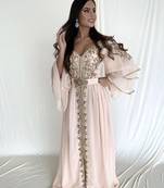 Grand Off-White Moroccan Wedding Kaftan Gown with Heavy Gold Zari Work | Luxury Bridal Dress