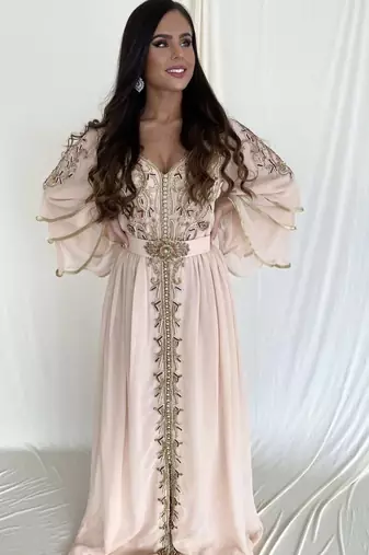 Grand Off-White Moroccan Wedding Kaftan Gown with Heavy Gold Zari Work | Luxury Bridal Dress