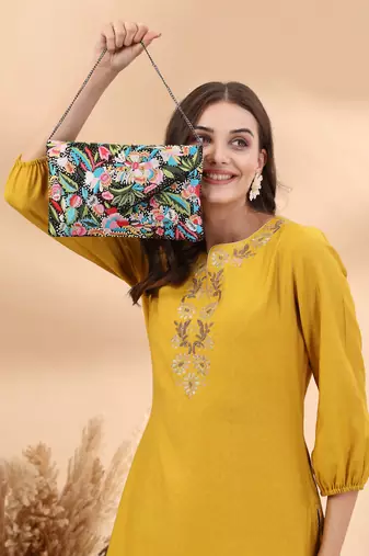 Boho black & multi floral embellished satin sling bag