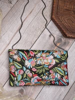 Boho black & multi floral embellished satin sling bag 1