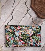 Boho black & multi floral embellished satin sling bag