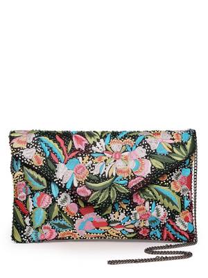 Boho black & multi floral embellished satin sling bag 4