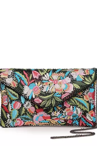 Boho black & multi floral embellished satin sling bag