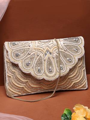 tribal ivory & champagne scale & paisely embellished satin sling bag 1