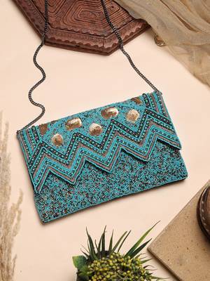 tribal turquoise blue & copper chevron embellished cotton canvas sling bag 1