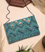 tribal turquoise blue & copper chevron embellished cotton canvas sling bag