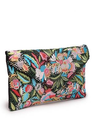 Boho black & multi floral embellished satin sling bag 5
