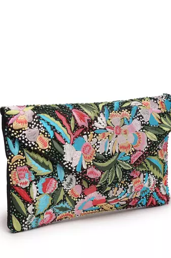 Boho black & multi floral embellished satin sling bag