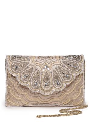 tribal ivory & champagne scale & paisely embellished satin sling bag 4