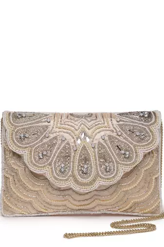 tribal ivory & champagne scale & paisely embellished satin sling bag