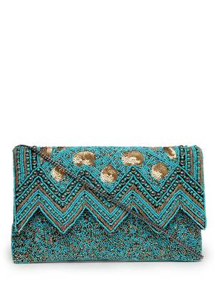 tribal turquoise blue & copper chevron embellished cotton canvas sling bag 4