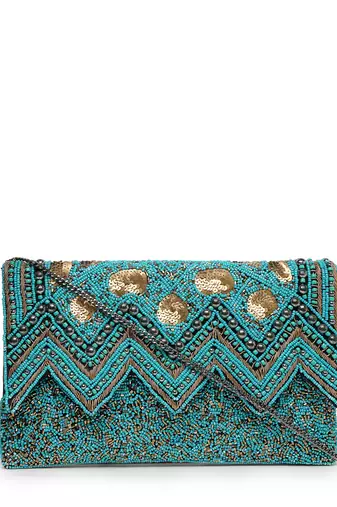 tribal turquoise blue & copper chevron embellished cotton canvas sling bag