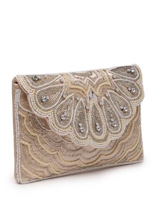 tribal ivory & champagne scale & paisely embellished satin sling bag 5
