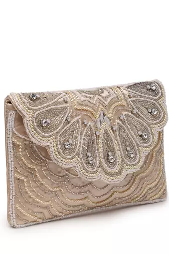 tribal ivory & champagne scale & paisely embellished satin sling bag