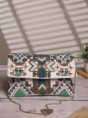 Tribal white & multi ethnic motifs embellished cotton canvas sling bag 1