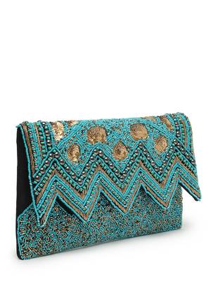 tribal turquoise blue & copper chevron embellished cotton canvas sling bag 5