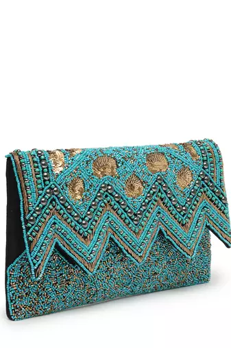 tribal turquoise blue & copper chevron embellished cotton canvas sling bag