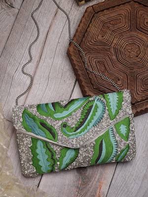 lush silver & green botanical embroidered cotton canvas sling bag 1