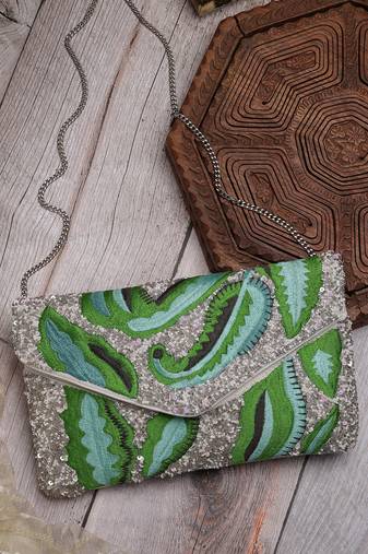 lush silver & green botanical embroidered cotton canvas sling bag