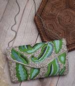 lush silver & green botanical embroidered cotton canvas sling bag