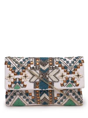 Tribal white & multi ethnic motifs embellished cotton canvas sling bag 3