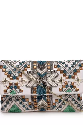 Tribal white & multi ethnic motifs embellished cotton canvas sling bag